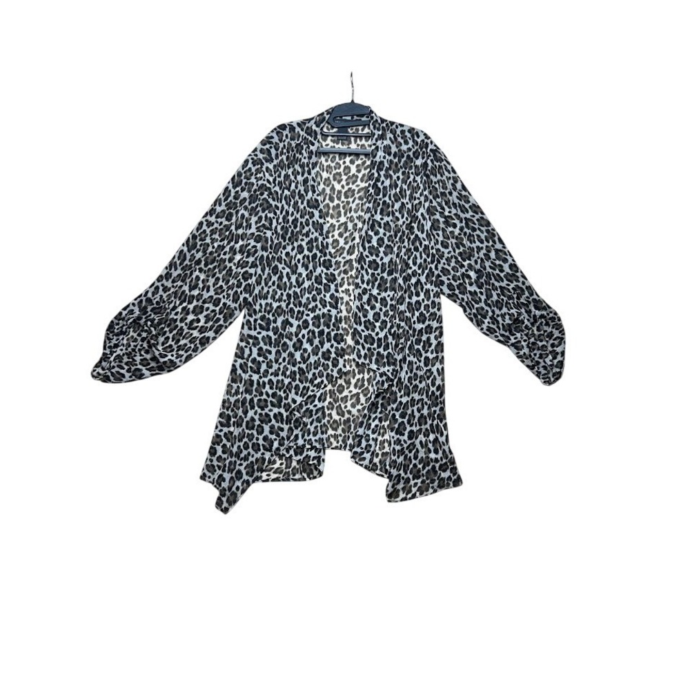 Investments Leopard Print Open Front Chiffon Cardigan 3X Brown Black Roll Tab